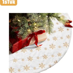 1 stuk – Kerstboomrok – Gouden sneeuwvlokken – Met pailletten en pluche rand – Kerstversiering – Voor kerstboomversiering – 120 cm – Wit