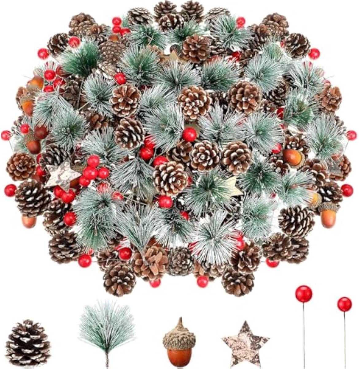 Kerstset 108 stuks – Dennenappels & rode bessen – Mix ornamenten