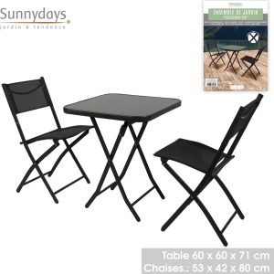 “RIO COLLECTION” ZWARTE OPVOUWBARE TUINTAFEL EN 2 STOELEN SET