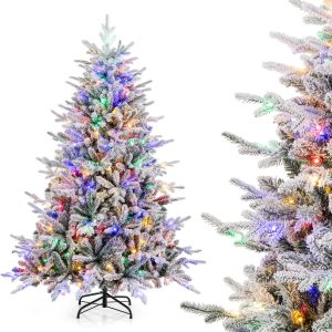 COSTWAY Kunstkerstboom, 180 cm, gevlokte dennenboom met 260 veelkleurige ledlampen, 8 lichtmodi en 820 takpunten, verlichte kerstboom voor thuis, bedrijf en kantoor