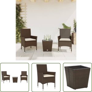 The Living Store 3-delige Bistroset met kussens poly rattan en glas bruin – Tuinsets – Bistroset – Buis Meubel – Outdoor Furniture – Lounge Set