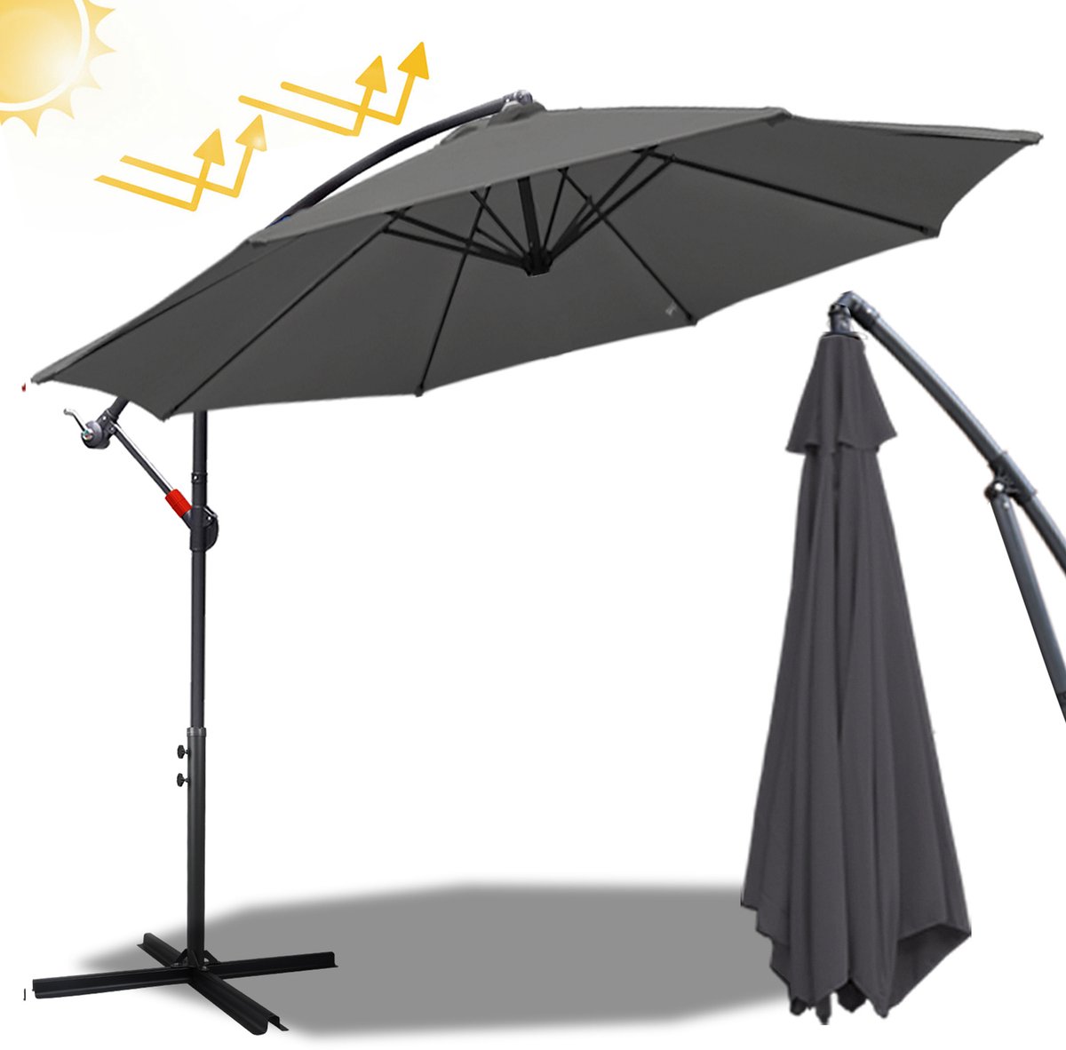 Parasol met Standaard 300 cm – Grote Zweefparasol met Zwengelsysteem – Zonwering voor Balkons, Tuinen en Terrassen – Stevig Frame – Grijs