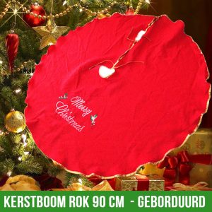 Allernieuwste KerstboomROK Geborduurd – Rond Kerstboomkleed onder de Kerstboom – Decoratie Kleed Kerst – Rood met Gouden Bies – 90 cm