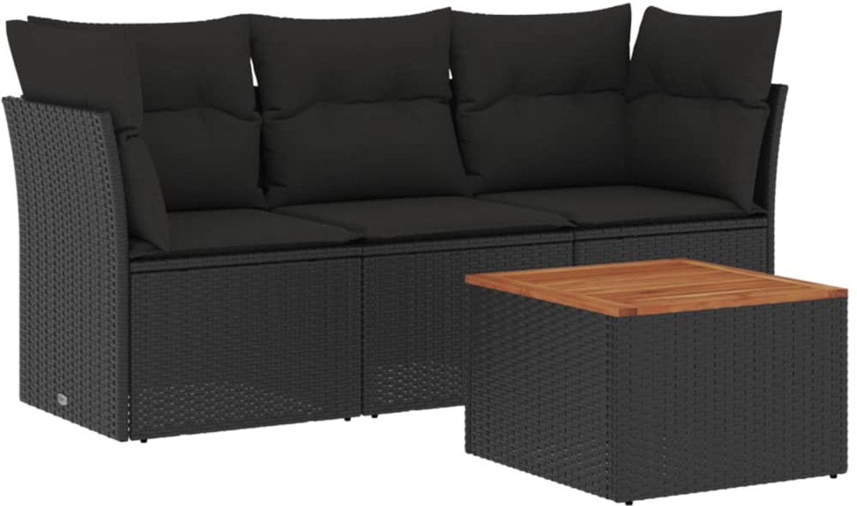 The Living Store 4-delige Loungeset met kussens poly rattan zwart – Tuinmeubels – Lounge Set – PE Rattan – Outdoor Furniture – Balkon Meubel