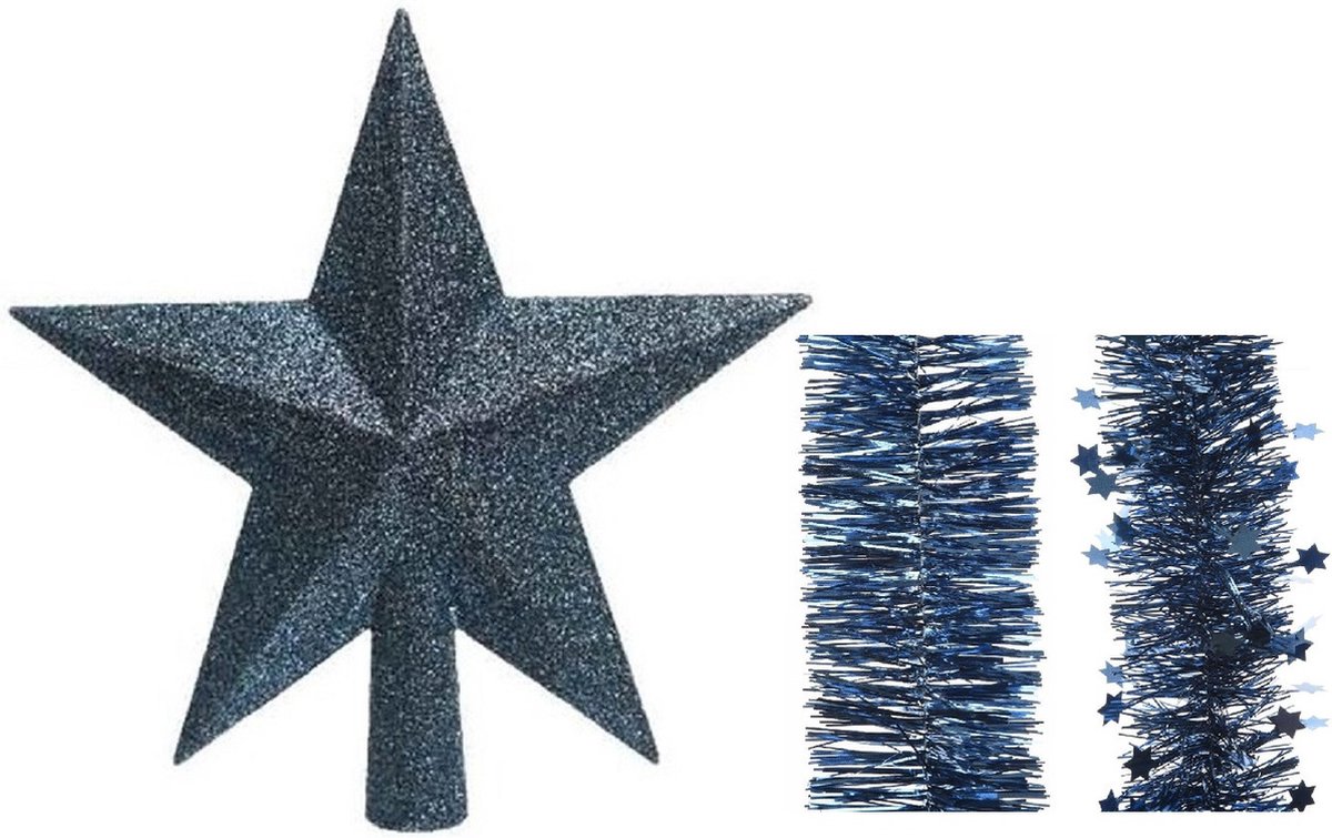 Kerstversiering kunststof glitter ster piek 19 cm en folieslingers pakket donkerblauw van 3x stuks – Kerstboomversiering