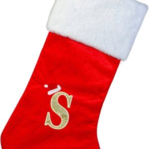 20″ Kerstsokken met letters – Pluche kerstsokken – Grote geborduurde kousen voor kinderen/volwassenen – Rode letters (S)