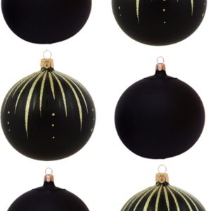 Zwarte Kerstballen met Gouden Glitter Streepjes en effen mat zwart – Doosje met 6 glazen kerstballen